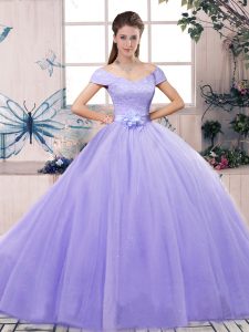 Lavender Off The Shoulder Lace Up Lace and Hand Made Flower Quinceanera Dresses Short Sleeves