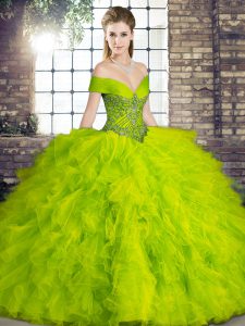 Olive Green Lace Up Off The Shoulder Beading and Ruffles Quinceanera Dresses Tulle Sleeveless