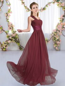 Floor Length Lace Up Vestidos de Damas Burgundy for Wedding Party with Ruching