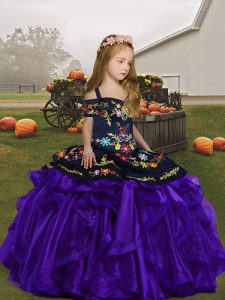 Sleeveless Floor Length Embroidery and Ruffles Lace Up Custom Made Pageant Dress with Purple