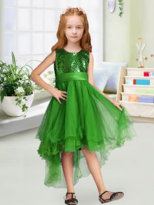 Elegant Green A-line Organza Scoop Sleeveless Sequins and Bowknot High Low Zipper Girls Pageant Dresses
