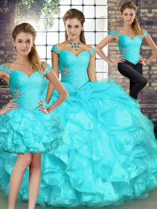 Modern Floor Length Lace Up Quince Ball Gowns Aqua Blue for Military Ball and Sweet 16 and Quinceanera with Beading and Ruffles