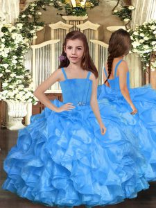 Blue Organza Lace Up Straps Sleeveless Floor Length Little Girls Pageant Gowns Ruffles
