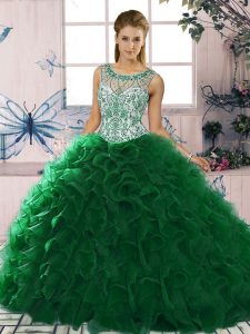 Sumptuous Organza Scoop Sleeveless Lace Up Beading and Ruffles Ball Gown Prom Dress in Dark Green