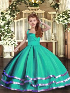 Sleeveless Floor Length Ruffled Layers Lace Up Pageant Dress for Teens with Turquoise