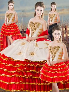 Sweetheart Sleeveless 15 Quinceanera Dress Floor Length Beading and Ruffled Layers White And Red Organza
