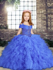 On Sale Blue Lace Up Kids Pageant Dress Beading and Ruffles Sleeveless Floor Length