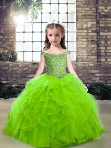 Off The Shoulder Sleeveless Pageant Dress for Girls Floor Length Beading and Ruffles Tulle