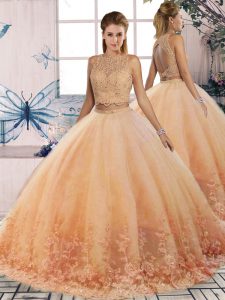 Peach Two Pieces Lace Sweet 16 Dress Backless Tulle Sleeveless