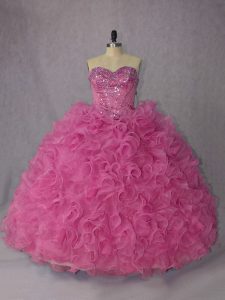 Modest Sleeveless Beading and Ruffles Lace Up Quinceanera Gowns with Rose Pink Brush Train