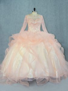 Flare Ball Gowns Ball Gown Prom Dress Peach Scoop Tulle Long Sleeves Floor Length Lace Up