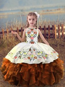 Hot Selling Sleeveless Floor Length Embroidery and Ruffles Lace Up Little Girl Pageant Gowns with Rust Red