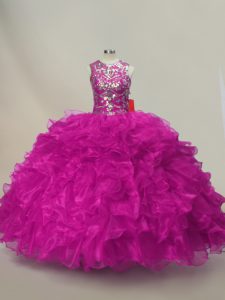 Fuchsia Organza Lace Up 15 Quinceanera Dress Sleeveless Floor Length Ruffles and Sequins