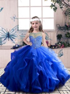 Scoop Sleeveless Girls Pageant Dresses Floor Length Beading and Ruffles Royal Blue Tulle