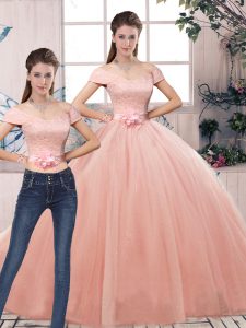 Customized Pink Two Pieces Tulle Off The Shoulder Short Sleeves Lace and Hand Made Flower Floor Length Lace Up 15 Quinceanera Dress