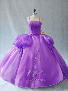 Lavender Organza Lace Up Quinceanera Gowns Sleeveless Floor Length Appliques