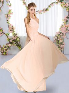 Spectacular Peach One Shoulder Neckline Ruching Dama Dress for Quinceanera Sleeveless Lace Up