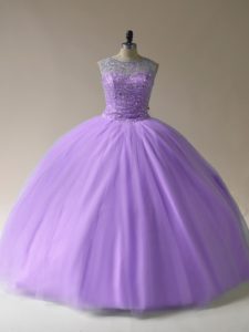 Exquisite Lavender Ball Gowns Beading 15 Quinceanera Dress Lace Up Tulle Sleeveless Floor Length