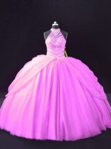 Ball Gowns Quinceanera Gowns Lilac Halter Top Tulle Sleeveless Floor Length Lace Up