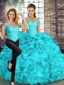 Edgy Off The Shoulder Sleeveless Lace Up Quinceanera Gown Aqua Blue Organza