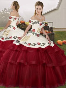 Lovely Wine Red Off The Shoulder Lace Up Embroidery and Ruffled Layers Sweet 16 Quinceanera Dress Brush Train Sleeveless