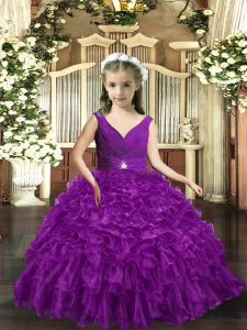Custom Designed Ball Gowns Pageant Gowns For Girls Eggplant Purple V-neck Organza Sleeveless Floor Length Backless