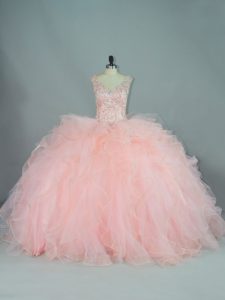 Peach Lace Up 15th Birthday Dress Ruffles Sleeveless