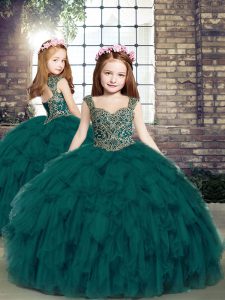 Exquisite Straps Sleeveless Tulle Glitz Pageant Dress Beading and Ruffles Lace Up