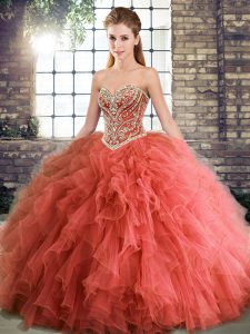 Deluxe Sweetheart Sleeveless Lace Up Sweet 16 Dresses Coral Red Tulle