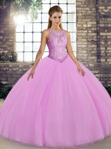 Lilac Sleeveless Tulle Lace Up Ball Gown Prom Dress for Military Ball and Sweet 16 and Quinceanera