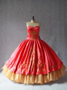 Fitting Coral Red Sleeveless Embroidery Floor Length Quinceanera Dress