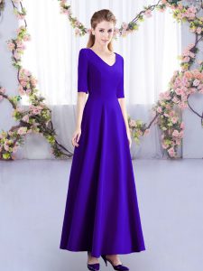 Half Sleeves Ankle Length Ruching Zipper Quinceanera Court of Honor Dress with Purple