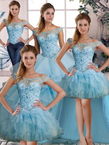 Designer Floor Length Light Blue Quinceanera Dresses Organza Sleeveless Beading and Ruffles