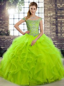 Sleeveless Tulle Brush Train Lace Up Quince Ball Gowns in with Beading and Ruffles