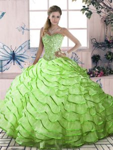 Yellow Green Sleeveless Brush Train Ruffled Layers 15 Quinceanera Dress