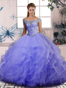 Glittering Off The Shoulder Sleeveless Tulle Sweet 16 Quinceanera Dress Beading and Ruffles Lace Up