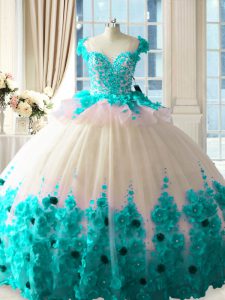 Blue And White 15th Birthday Dress Sweet 16 and Quinceanera with Hand Made Flower Scoop Sleeveless Brush Train Zipper