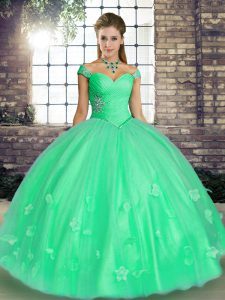 Turquoise and Apple Green Off The Shoulder Neckline Beading and Appliques 15th Birthday Dress Sleeveless Lace Up