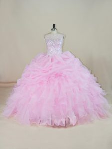 Top Selling Brush Train Ball Gowns 15 Quinceanera Dress Pink Scoop Organza Sleeveless Backless