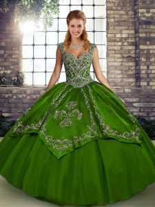 Best Olive Green Straps Lace Up Beading and Embroidery 15 Quinceanera Dress Sleeveless