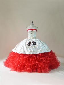 Superior Strapless Sleeveless Brush Train Lace Up 15 Quinceanera Dress White And Red Satin and Organza