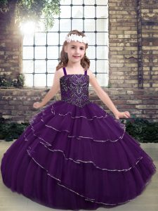 Great Eggplant Purple Lace Up Straps Beading and Ruffled Layers Little Girls Pageant Dress Wholesale Tulle Sleeveless