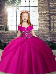 Fuchsia Lace Up Glitz Pageant Dress Beading Sleeveless Floor Length
