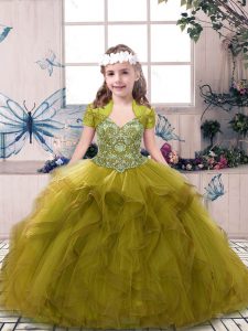 Olive Green Sleeveless Floor Length Beading and Ruffles Lace Up Little Girl Pageant Dress