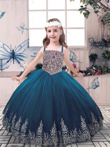 Excellent Teal Tulle Lace Up Straps Sleeveless Floor Length Kids Formal Wear Beading and Embroidery
