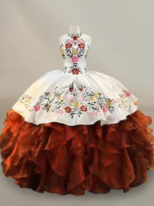 Rust Red Halter Top Neckline Embroidery and Ruffles Ball Gown Prom Dress Sleeveless Lace Up