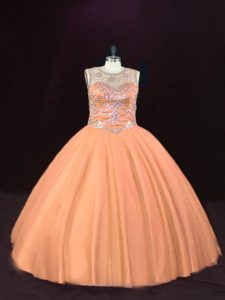 Fitting Peach Lace Up Quinceanera Dress Beading Sleeveless Floor Length