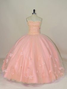 Sweetheart Sleeveless 15 Quinceanera Dress Floor Length Hand Made Flower Pink Tulle