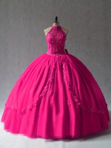 Fuchsia Halter Top Neckline Appliques Quince Ball Gowns Sleeveless Lace Up