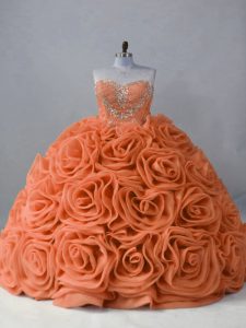 Romantic Orange Ball Gowns Sweetheart Sleeveless Fabric With Rolling Flowers Brush Train Lace Up Beading Sweet 16 Dress